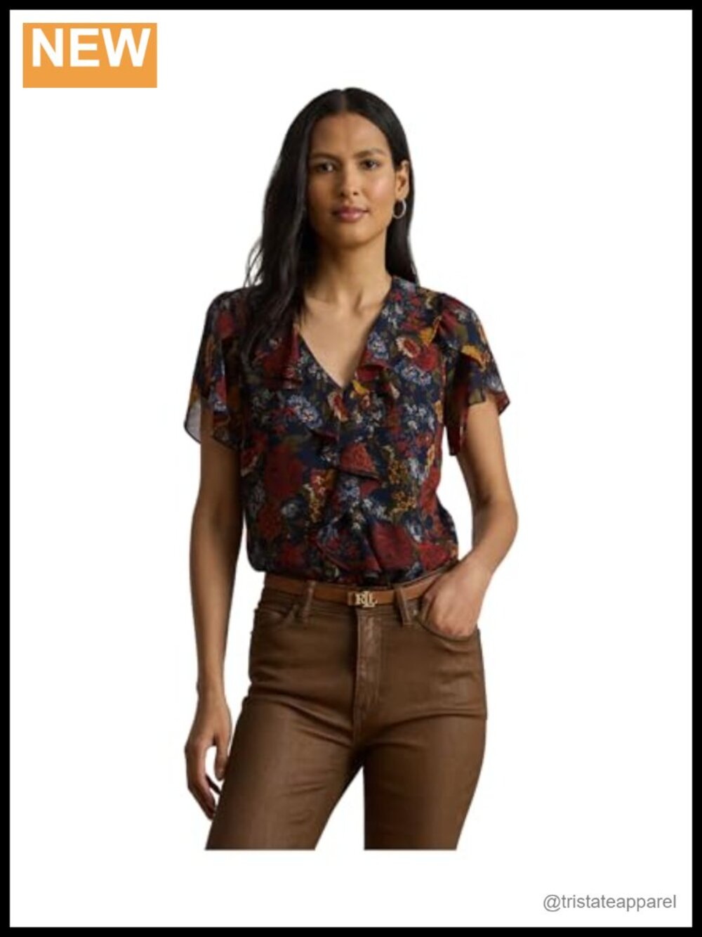 Women Floral Ruffle-Trim Georgette Blouse Navy V-Neck